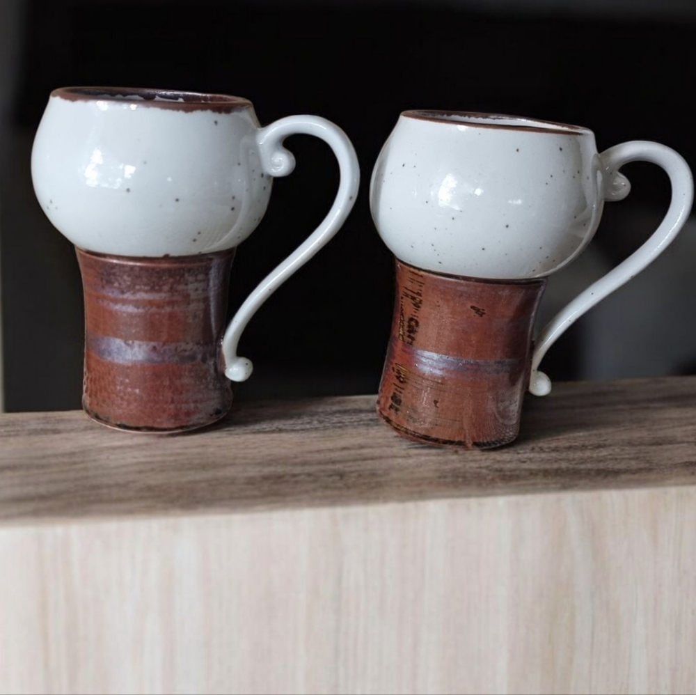 Vintage Handcrafted 8 Oz Pottery Mugs - Cream and Brown